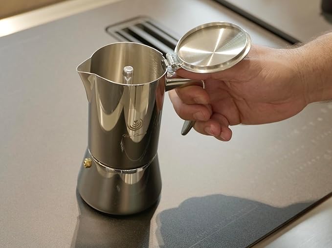 Moka Stovetop Espresso Maker, Stainless Steel, for Induction Cooktops, 3-4 Cups, 8.5 Oz