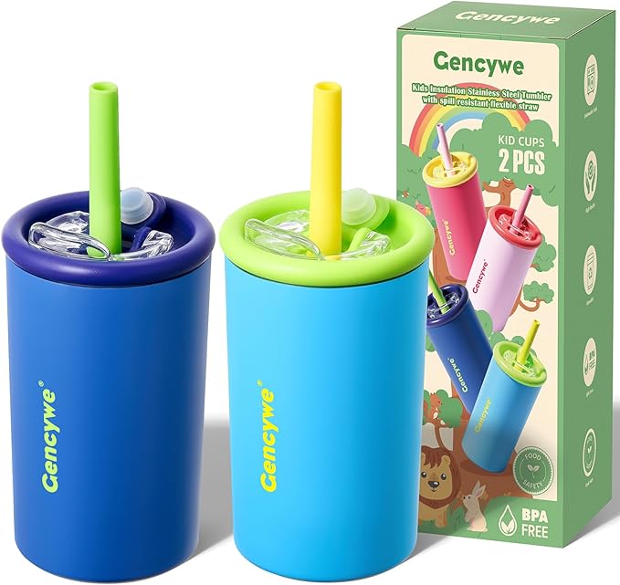 2 PACK Kids Double Walled Stainless Steel Cups with Straws and lids | 12 oz Spill-Proof Sippy Smoothie Tumbler Set, Small Kids Snack & Drink Water Cups, BPA-Free (Age: 3+ years old & up)