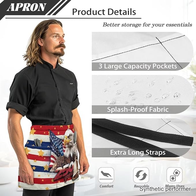 Waist Apron with 3 Pockets Waterproof 13 Inch Short Half Waist Aprons Women Men Server Aprons Waitress Waiter Apron - Image 6