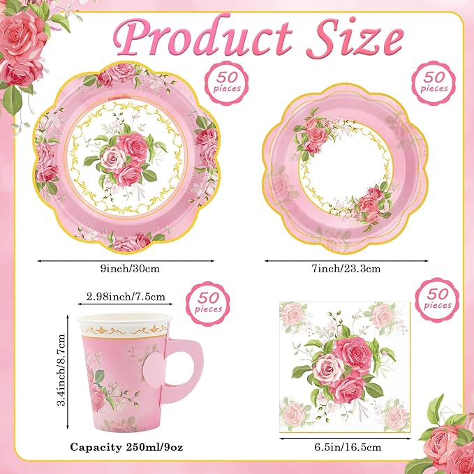 200Pcs Floral Tea Cups and Saucers for Tea Party Supplies, Disposable Tea Cups with Handle and Paper Napkins Dinnerware for Floral Theme Birthday Wedding Bridal Shower Baby Shower（Pink）