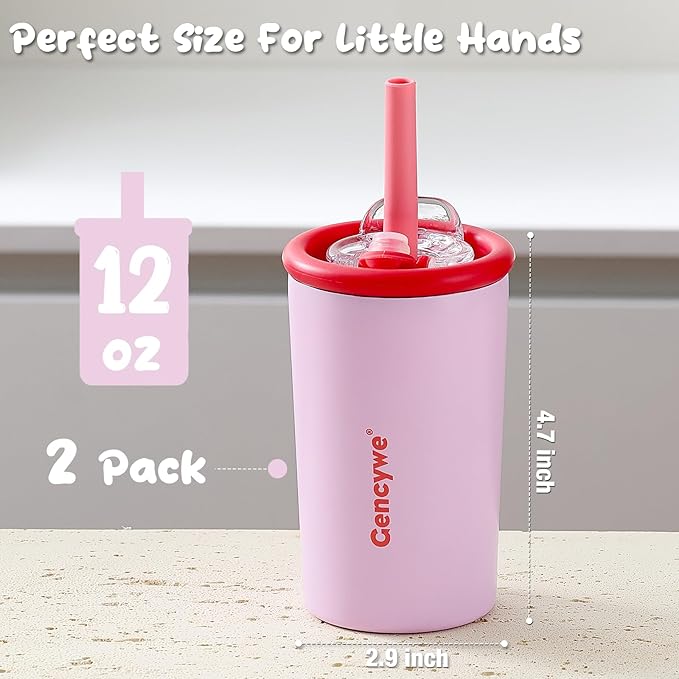 Kids Stainless Steel Cups with Straws and lids | 12 oz Spill-Proof Sippy Smoothie Tumbler Set, Small Kids Snack & Drink Water Cups, BPA-Free, Dishwasher Safe, with Box (Age: 3+ years old & up)