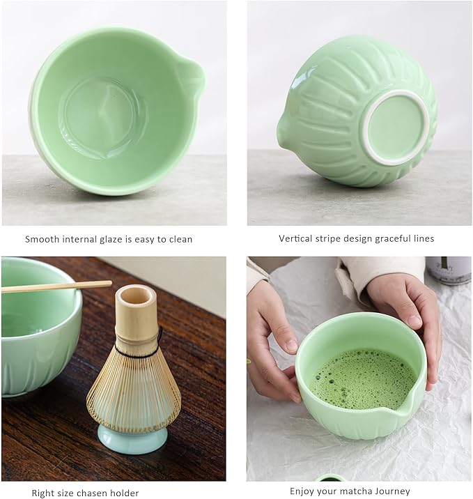 TANG PIN Matcha Set - Match Bowl and Whisk, 15 OZ, Matcha Scoop | Matcha Whisk Stand (Chasen Holder) - 5pc Perfect Matcha Kit for Matcha Tea Ceremony (Green)