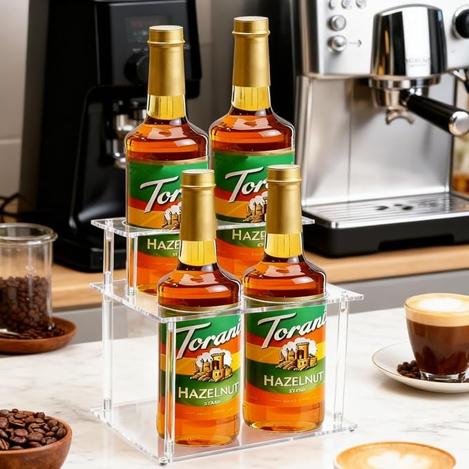 Acrylic Coffee Syrup Organizer, 2-Tier Coffee Station Organizer Holds 4 Syrup Bottles, Syrup Bottle Holder Stand Coffee Bar Accessories Kitchen Storage for Syrup,Wine,Condiments
