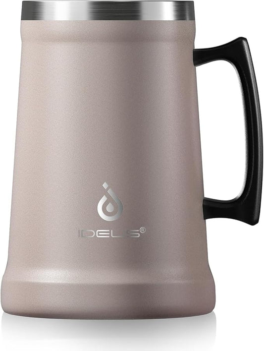 Ideus Insulated Beer Stein, 24/32oz Stainless Steel Double Walled Beer Mug Giant Bar Drinkware Metal Beer Cup with Big Grip Handle (Dusty Pink, 34oz (1,000ml))