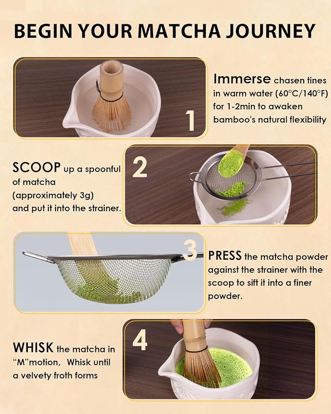 Bamboo Matcha Whisk Set with 2-pack 100% Natural Bamboo matcha Whisk,Sifter,Tea Scoop and Tea Spoon，Handcrafted Traditional Japanese Chasen, Matcha Kit for Authentic Matcha Tea Preparation