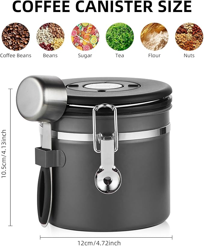 Bincoo Coffee Canister, Small Stainless Steel Coffee Bean Storage Container with Date Tracker, Airtight Coffee Canister with CO2 Valve & Free Scoop (800ML-Grey)