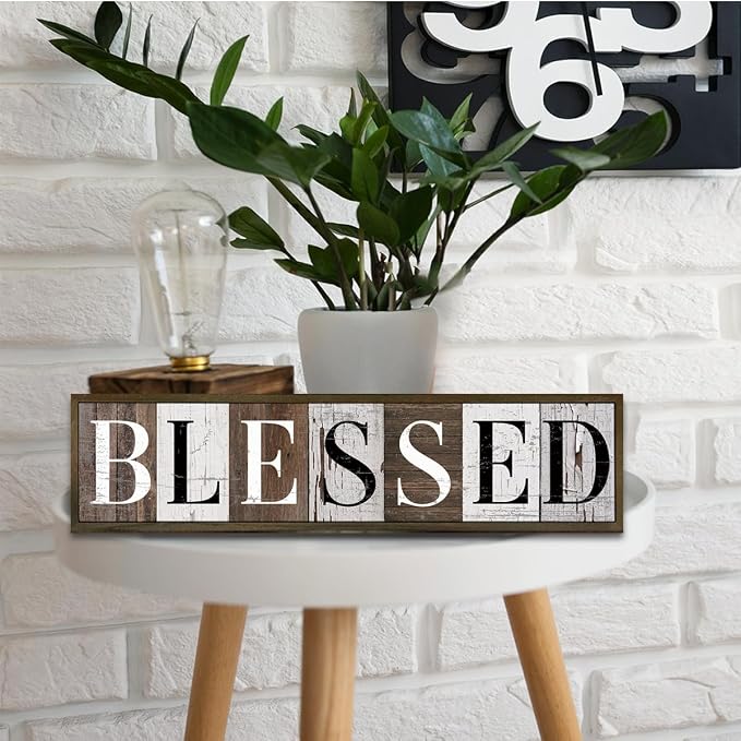 Inspirational Wooden Plaques, Blessed Signs for Wall Decor, Vintage Blessed Hanging Sign, Farmhouse Table Decor, Home Office Decor, Wooden Framed Box Sign 17.8x4x1.2 inches - Image 4