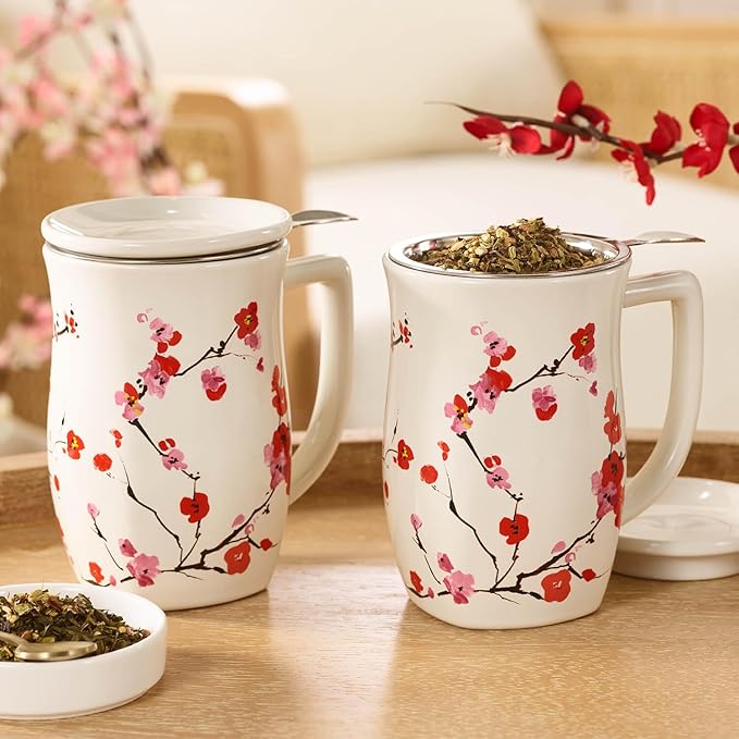 Tea Forte Ceramic Fiore Cup with Handle, Removeable Stainless Steel Infuser Basket and Lid, Steeps 14 oz Loose Leaf Tea, Dishwasher & Microwave Safe, Sakura