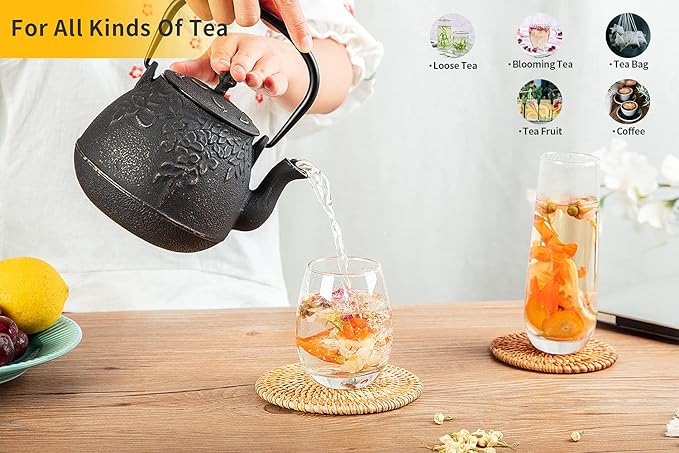 TOPTIER Japanese Cast Iron Tea Kettle with Infuser,Teapot Stovetop Safe, Leaf Design , Coated with Enameled Interior for 32 Ounce (950 ml), White