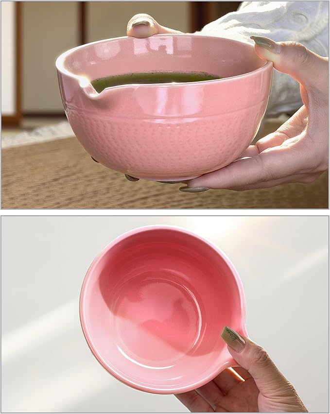 Mimiio Pink Matcha Whisk Set, 5 Pcs - Pink, Ceramic & Bamboo, Japanese Traditional Matcha, Includes Bowl, Whisk, Holder, Sifter, Scoop