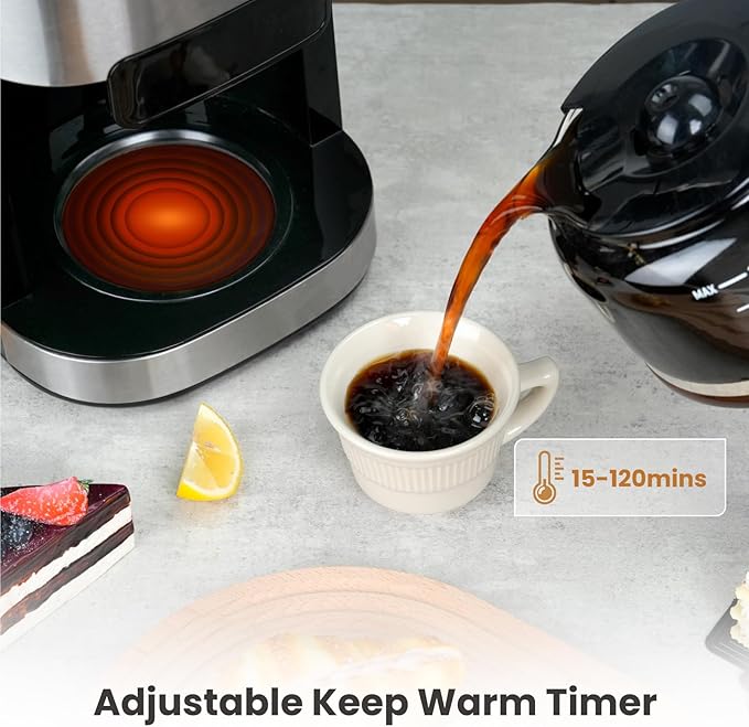 Gevi 10-Cup Drip Coffee Maker with Built-in Grinder, Programmable Brew Coffee Machine with Timer, Reusable Filter, 1.5L Water Tank, Coffee Pot, Warming Plate Burr Grinder Combo
