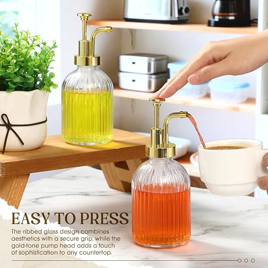 LemonRoad 4 Pcs Coffee Syrup Dispenser for Coffee Bar 10oz Glass Syrup Pump Dispenser with Gold Pump, Gold Scoop and Funnel for Bar Accessories - Image 5
