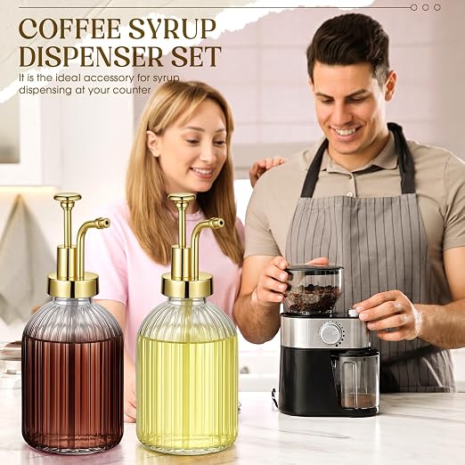 LemonRoad 4 Pcs Coffee Syrup Dispenser for Coffee Bar 10oz Glass Syrup Pump Dispenser with Gold Pump, Gold Scoop and Funnel for Bar Accessories - Image 6