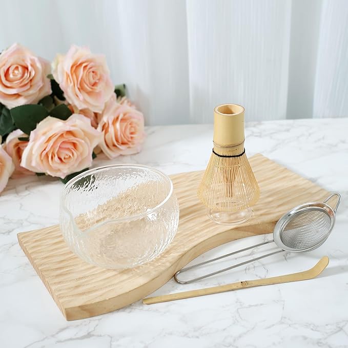Matcha Whisk Set, 5 Pcs Matcha Set Whisk and Bowl with Spout, Matcha Whisk Holder, Matcha Spoon, Stainless Sifter, Perfect Matcha Kit for Matcha Lover (Glass Transparent)