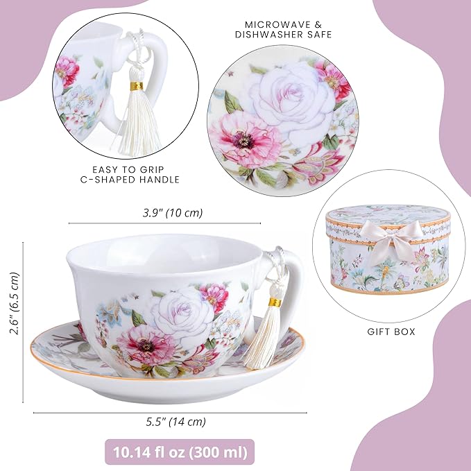 STP GOODS Bone China Tea/Coffee Cup and Saucer in Gift Box Fine Bone Tea Cup and Saucer Set of One,(Dream Garden)