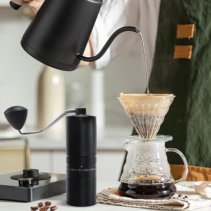 Manual Coffee Grinder with Adjustable Grind Settings, Brush, and Stainless Steel Portafilter (Black)