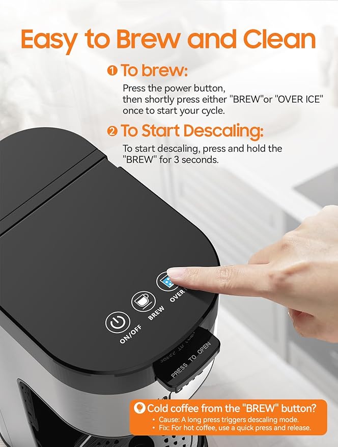 Single Serve Coffee Maker, Hot and Iced Coffee Maker for K Cup and Ground, 6 to 14 Oz Brew Sizes Single Cup Coffee Maker with Descaling Alert, Ideal for Home, Travel, RV and Dorm,Black