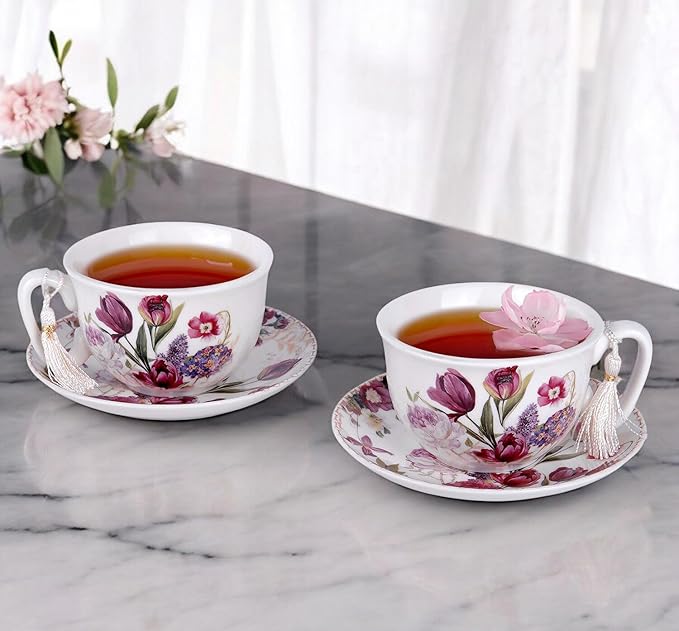 STP GOODS Bone China Tea/Coffee Cup and Saucer in Gift Box Fine Bone China Coffee Cup with Saucer Tea Cup and Saucer Set of One (Flowers 300ml)