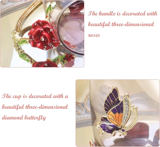 Flower Tea Cup ,Butterfly Rose Clear Glass Fancy Coffee Mug with Spoon,Gift Box for Her Mom Wife Grandma Girls Friends Valentines Christmas Birthday Present Idea for Juice,Hot And Cold Drinks Use