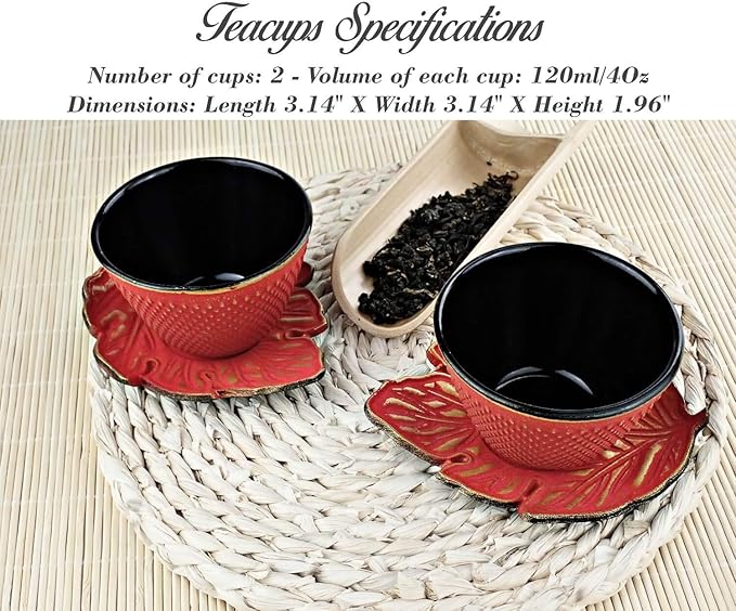 4pc Japanese Tea Cups Set. Red and Gold Cast Iron Tea Cup Set, 2 Tea Cups and Saucers. 4oz Teacup Set For Any Japanese Tea Set or Teapot.