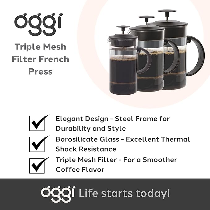 Oggi Triple Mesh Filter French Press Coffee Maker (12 fl oz)- 3 Cup / 350 ml Capacity, Coffee Press, Single Serve Coffee Maker, Stainless Steel Lid & Plunger, Make Great Coffee Gifts, Black
