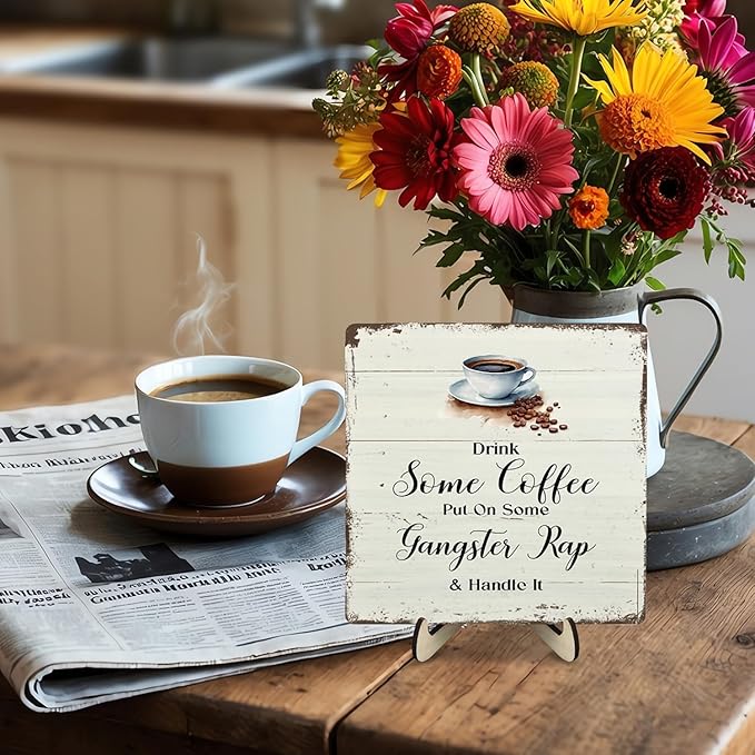 Coffee Bar Sign Plaque for Coffee Station,Vintage Cafe Sign Decor for Kitchen,Cafe Bar Accessories for Farmhouse Kitchen Office(Beige, 5.9x5.9inches)