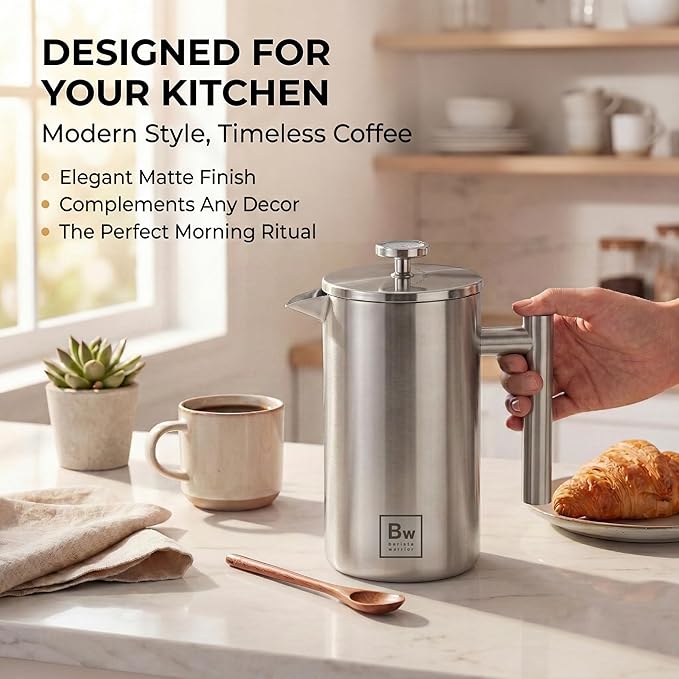 Barista Warrior French Press Coffee Maker Stainless Steel with Built-In Thermometer - Insulated Double Wall Design, Dual Filter System, Stay-Cool Handle & Wood Spoon - Silver