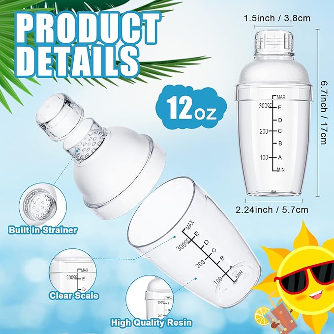 Lallisa 12 Pcs Plastic Cocktail Shaker Drink Mixer with Scales and Strainer Top Clear Shaker Cup with Measurement Plastic Mixing Tool for Tea Coffee Bubble Tea Milk(350 Cc/ 12 oz)