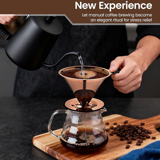 【2.0 Upgraded】Pour Over Coffee Dripper, Stainless Steel Drip Cone Brewer, Reusable Metal Coffee Strainer with Non-Slip Ring & Handle, Paperless Pour Over Coffee Maker (2.0 Titanium Copper)