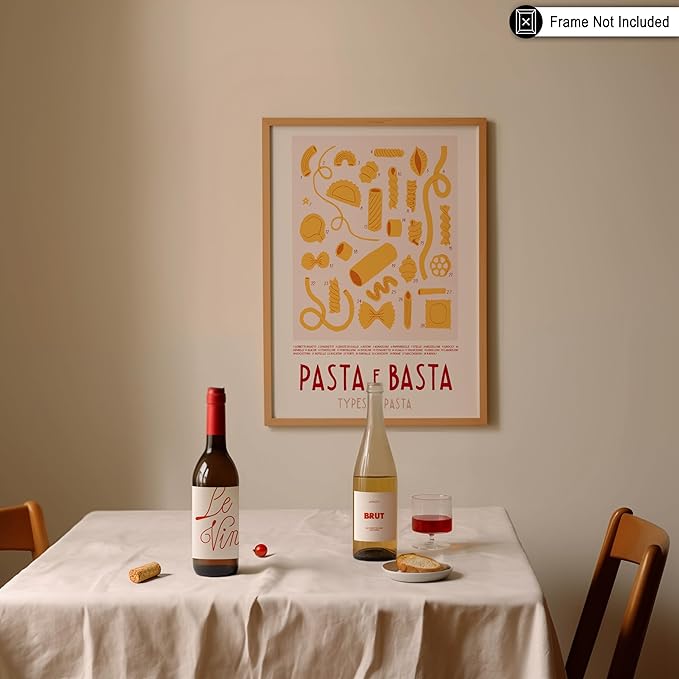 Poster Master Vintage Illustration Poster - Retro Food Print - Types of Pasta, Yellow, Spaghetti, Rotini, Penne - 8x10 UNFRAMED Wall Art - Gift for Artist, Chef - Wall Decor for Kitchen, Restaurant