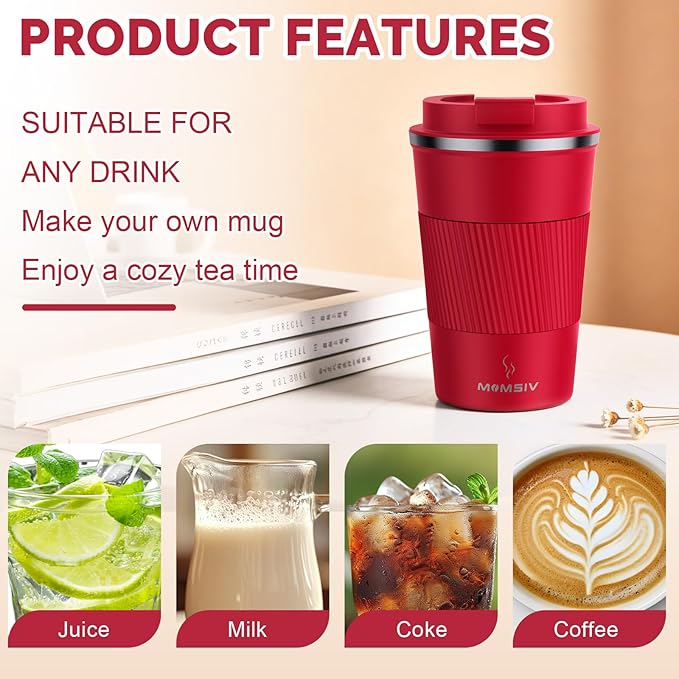MOMSIV 12oz Travel Mug, Insulated Coffee Cup with Leakproof Lid, Vacuum Stainless Steel Double Walled Reusable Tumbler for Hot and Cold Water Coffee and Tea