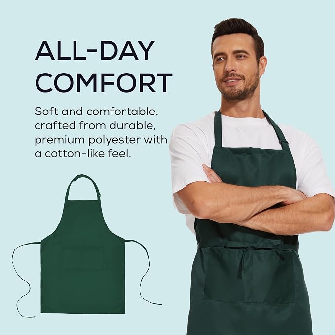 Will Well Kitchen 2 Pack Bib Apron For Men & Women with 2 Pockets - Green | Unisex 33'' x 27'' Oil & Water Resistant Soft Kitchen Chef Apron with Adjustable Neck Strap & 38'' Waist Ties for Snug Fit - Image 4