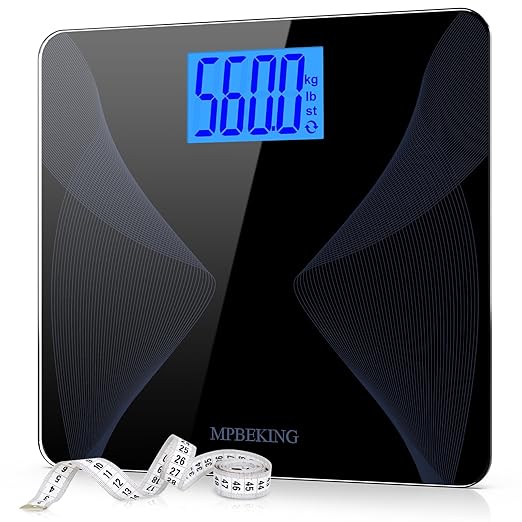 Scale for Body Weight 560lbs MPBEKING High Capacity Bathroom Scales Extra Large Platform Accurate Weighing Scale LCD Backlit Display with Tape Measure & 4 AAA Batteries (Black)