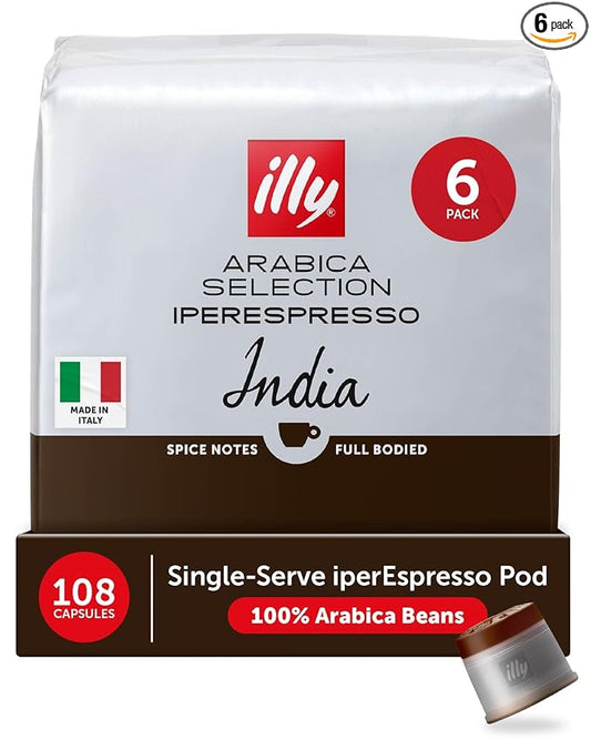 illy Coffee IperEspresso Capsules, India Single Origin Dark Roast Coffee Pods, 100% Arabica, Premium Italian Blend, 18 Count, 6 Pack