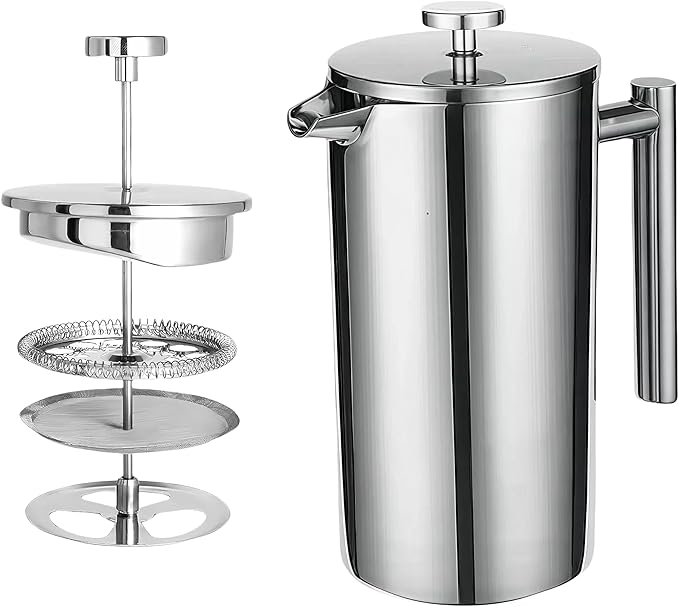 34oz Stainless Steel French Press Coffee Maker, Double Wall Insulated Thermal Coffee Press for Camping & Home, Plastic-Free with No Drip Spout & Multi-Layer Filter, 1 Liter