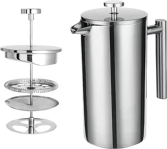 34oz Stainless Steel French Press Coffee Maker, Double Wall Insulated Thermal Coffee Press for Camping & Home, Plastic-Free with No Drip Spout & Multi-Layer Filter, 1 Liter