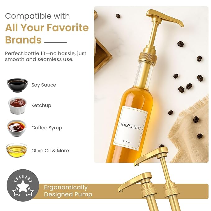 2-Pack Gold Plastic Bottle Syrup Pumps – Fits 750ml / 25.4 oz Bottles – Compatible with Torani & More – IMPORTANT: Will Not Fit Glass Bottles – Coffee Syrup Dispenser - Image 3