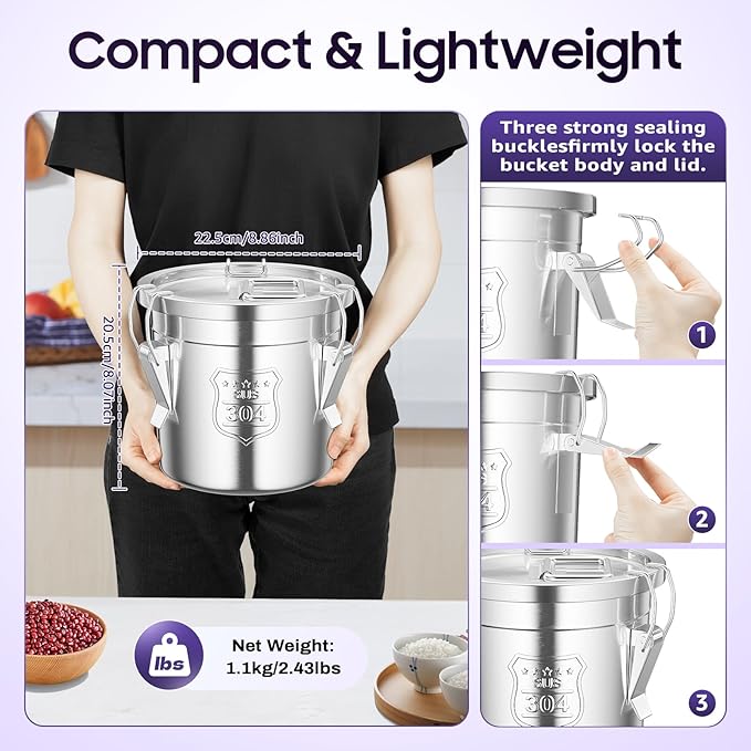 304 Stainless Steel Airtight Canister, Kitchen Metal Food Storage Canisters w/Airtight Lid & Locking Clamp, Cereal Container for Rice Flour Milk Coffee Bean, Silver (6L)