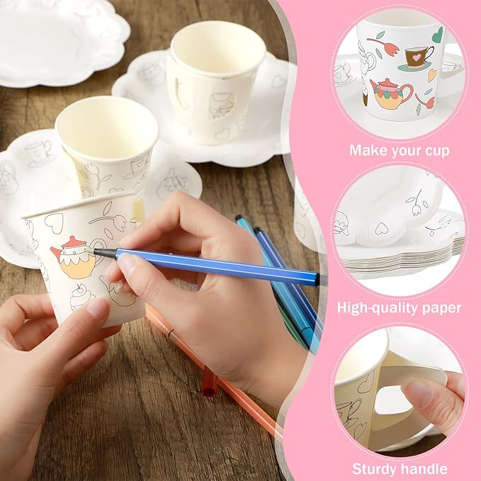 Nuenen 36 Set Color Your Own Tea Party Paper Cups with Handles Disposable Tea Cups and Saucers Plates DIY Coloring Activity Crafts for Kids Birthday Party