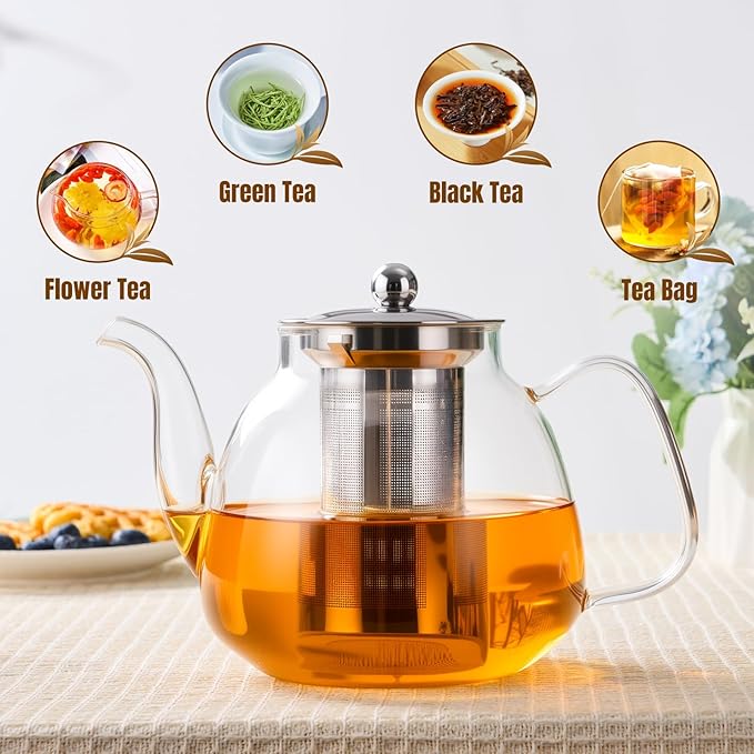 PARACITY Glass Teapot Stovetop 40 OZ/1200ml, Tea pot with Removable 18/8 Stainless Steel Infuser, Borosilicate Clear Tea Kettle, Teapot Blooming and Loose Leaf Tea Maker Tea Brewer for Camping