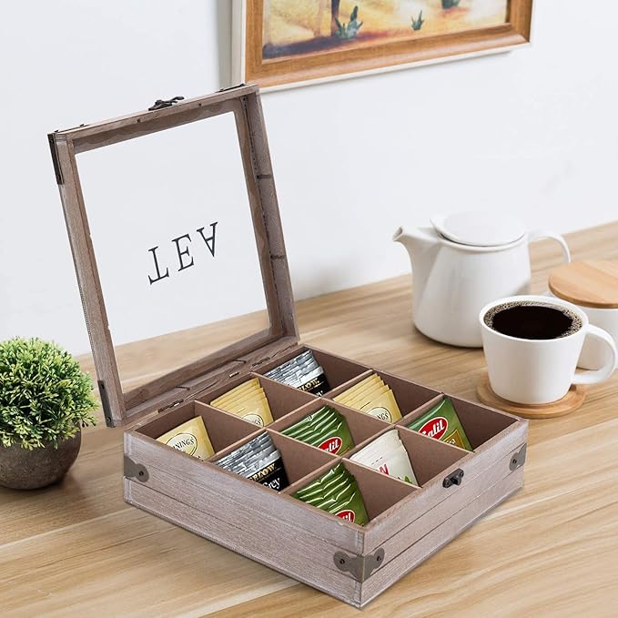 handrong Tea Box Organizer - Rustic Tea Bag Storage,Teas Bag Holder for Coffee Sugar Pods Packets & More – Elegant Tea Storage Solution for Home & Kitchen (Gray)