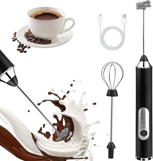 Handheld Milk Frother, rechargeable milk frother with 2 Stainless Steel Whisks 3 Speeds Electric Drink Mixer, Coffee Mixer Wand for Latte, Cappuccino, Matcha, Hot Chocolate, Egg (Black)