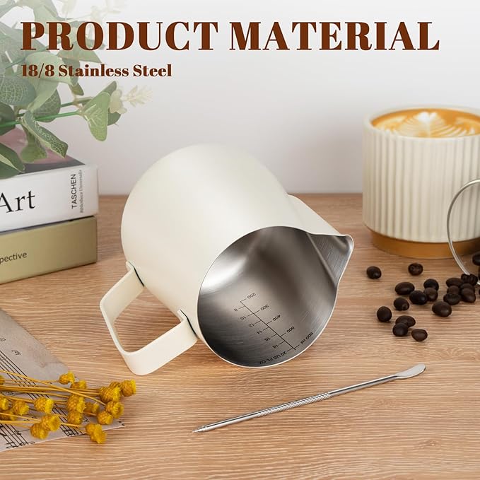 Milk Frothing Pitcher, 20oz Milk Frother Cup with Clear Scale, 304 Stainless Steel Cappuccino Espresso Machine Accessories for Barista Coffee Bar with Latte Art Pen, White