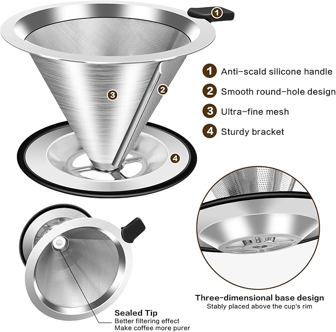 Pour Over Coffee Dripper, Stainless Steel Coffee Filter, Paperless Reusable Coffee Filter, Double Micromesh 600 Mesh Strainer Coffee Maker with Heat-Resistant Silicone Handle & Base