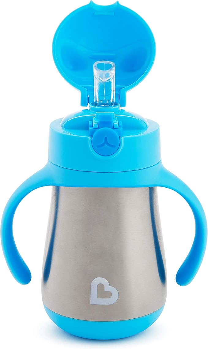 Munchkin Cool Cat Sippy Cup with Straw for Toddlers, Stainless Steel Straw Cup, 8 Ounce, Blue