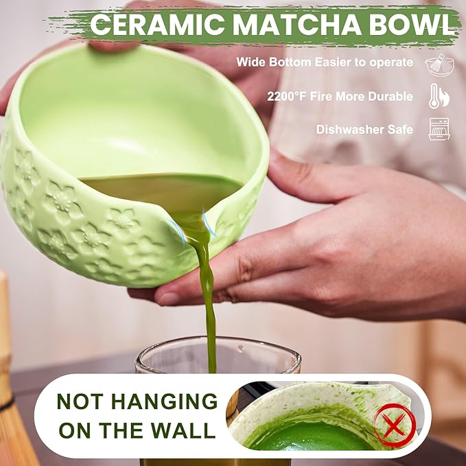 Matcha Whisk Set, Sakura Green Ceramic Matcha Set Includes Matcha Bowl, Matcha Whisk (Chasen) and Holder, Sifter, Bamboo Scoop & Spoon - 6 Pcs Matcha Kit for Matcha Lovers