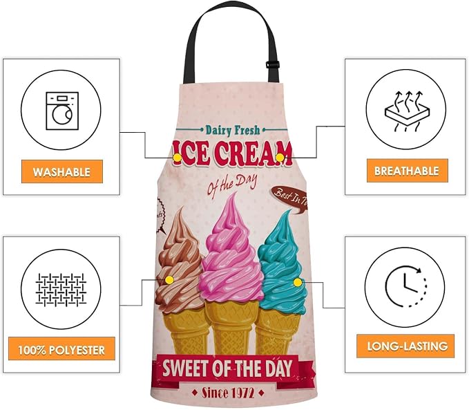 Vintage Ice Cream Design Kitchen Apron for Women Men, Unisex Adjustable Cooking Apron, Waterproof Apron for Home Kitchen, Restaurant, Coffee House - Image 4