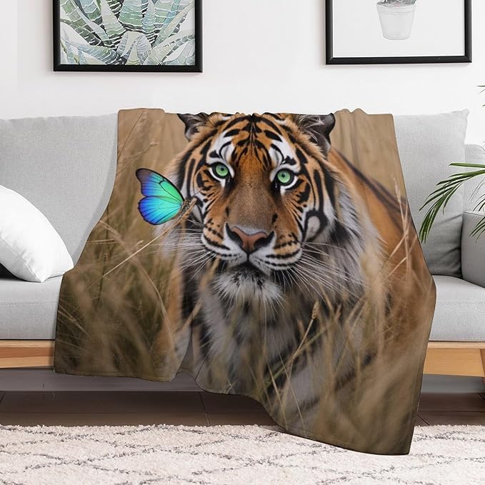 Beautiful Tiger Nature Grass Super Soft Throw Blanket, Blue Butterfly Flannel Fleece Decorative Throw for Sofa Couch Bedroom Decor Outdoor Use 50"x60"