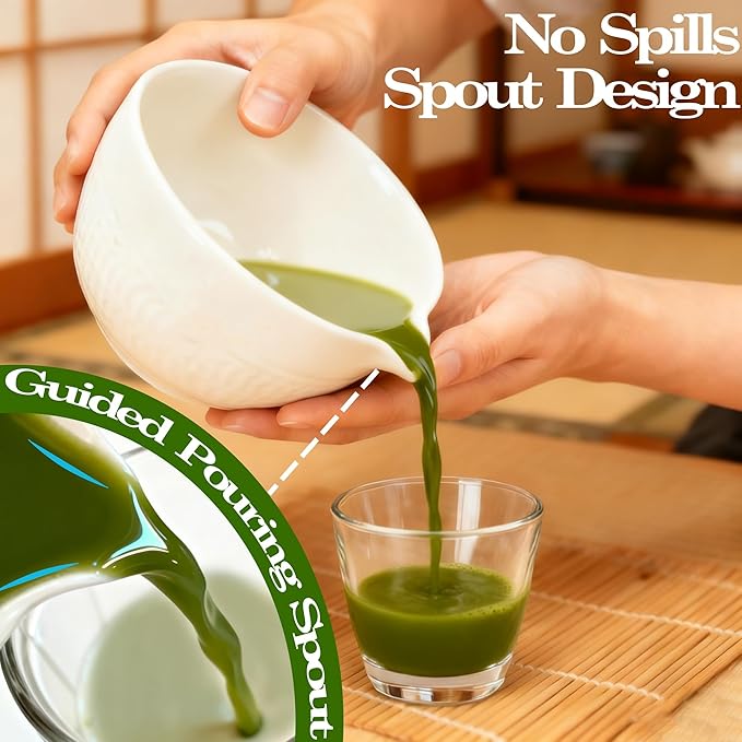Matcha Bowl with Spout, Traditional Ceramic Matcha Tea Bowl Japanese Ceremonial Chawan for Whisking Mixing & Daily Use, 18oz/500ml White