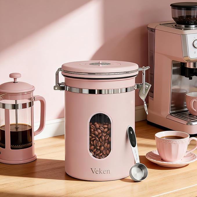Veken Coffee Canister with Window, Easter Gifts Airtight Stainless Steel Container with Lids, Home Kitchen Food Storage Jars for Grounds, Beans, Tea, Flour, Cereal, Sugar, Basket, Scoop, 22OZ, Pink